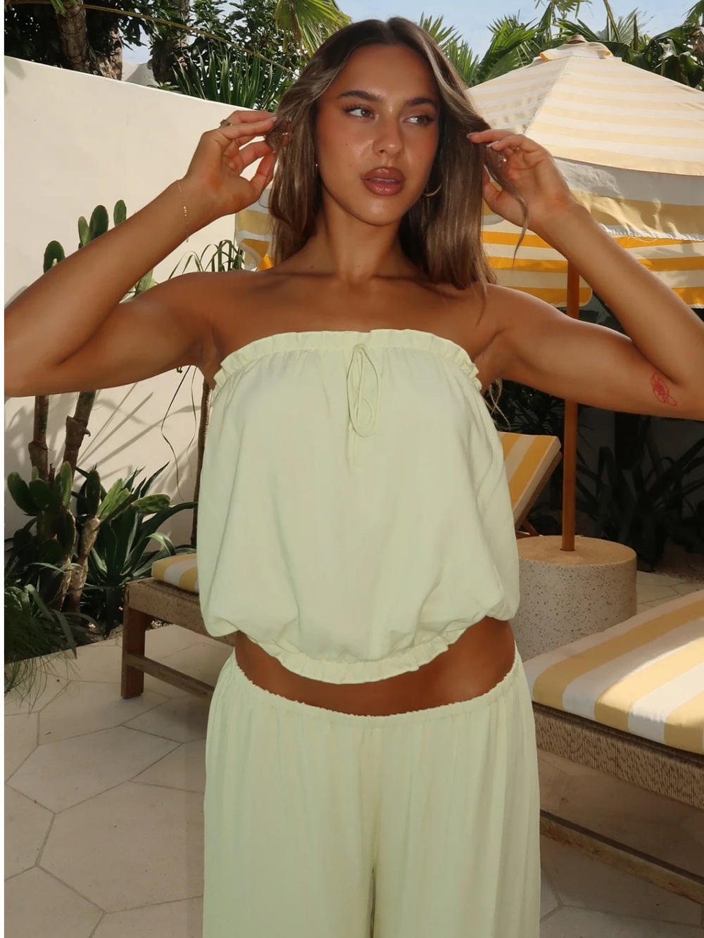 White Fox Strapless Ruffle-Trim Tube Top in Light Yellow